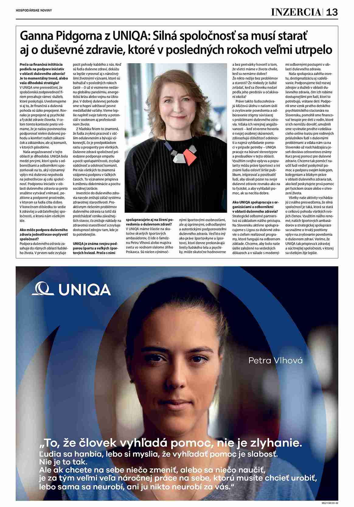 Článok z Hospodárskych novín na tému - Ganna Pidgorna z UNIQA: Silná spoločnosť sa musí starať aj o duševné zdravie, ktoré v posledných rokoch veľmi utrpelo
